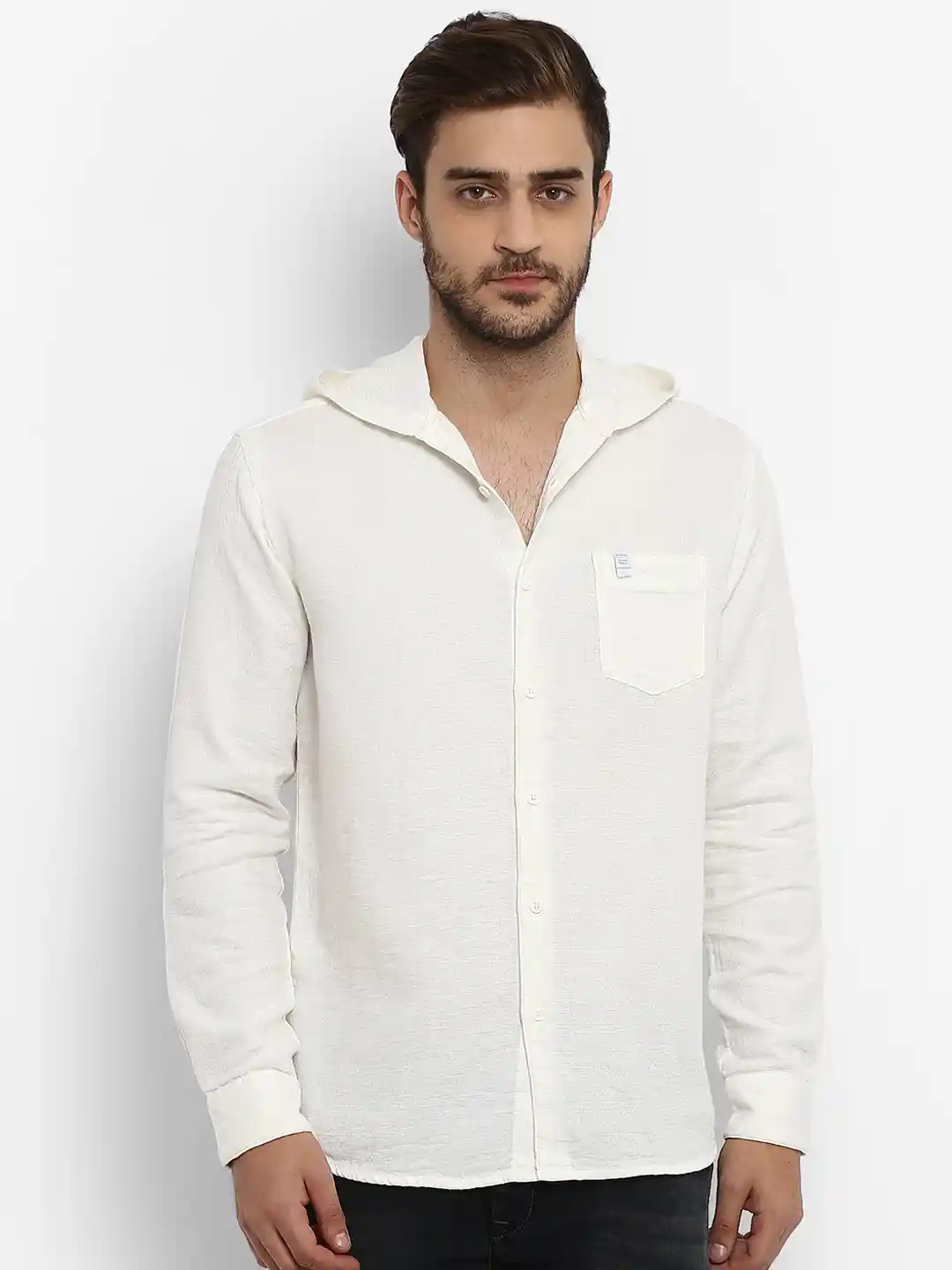 Buy Mufti Men White Slim Fit Solid Casual Hooded Shirt Shirts