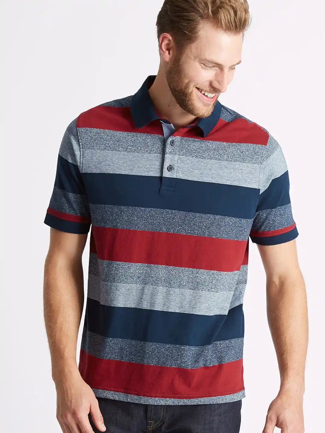 Buy Marks Spencer Men Red Striped Polo Collar Pure Cotton T-shirt
