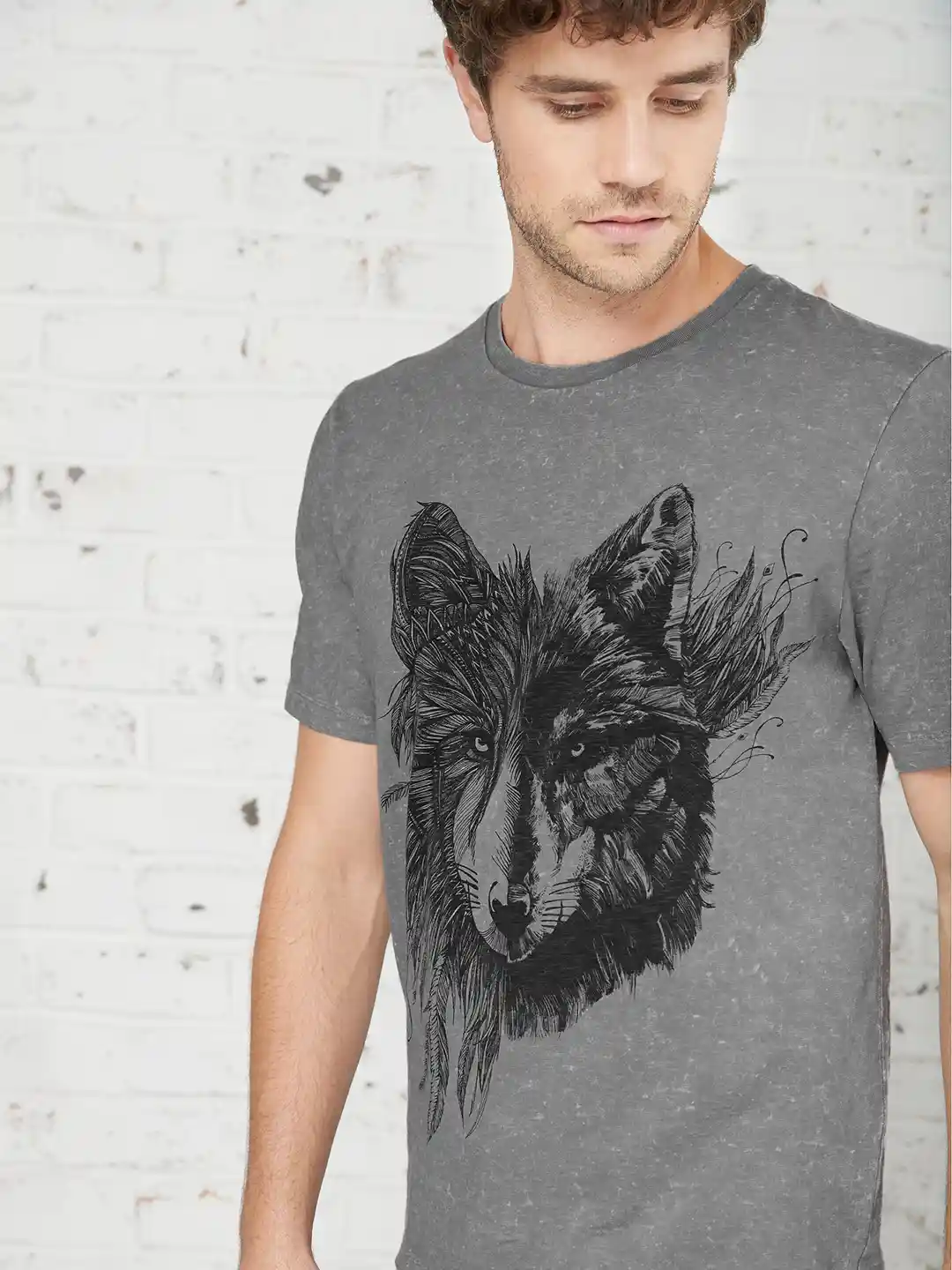 Buy NEXT Men Charcoal Grey Printed Acid Wash Wolf Pure Cotton T