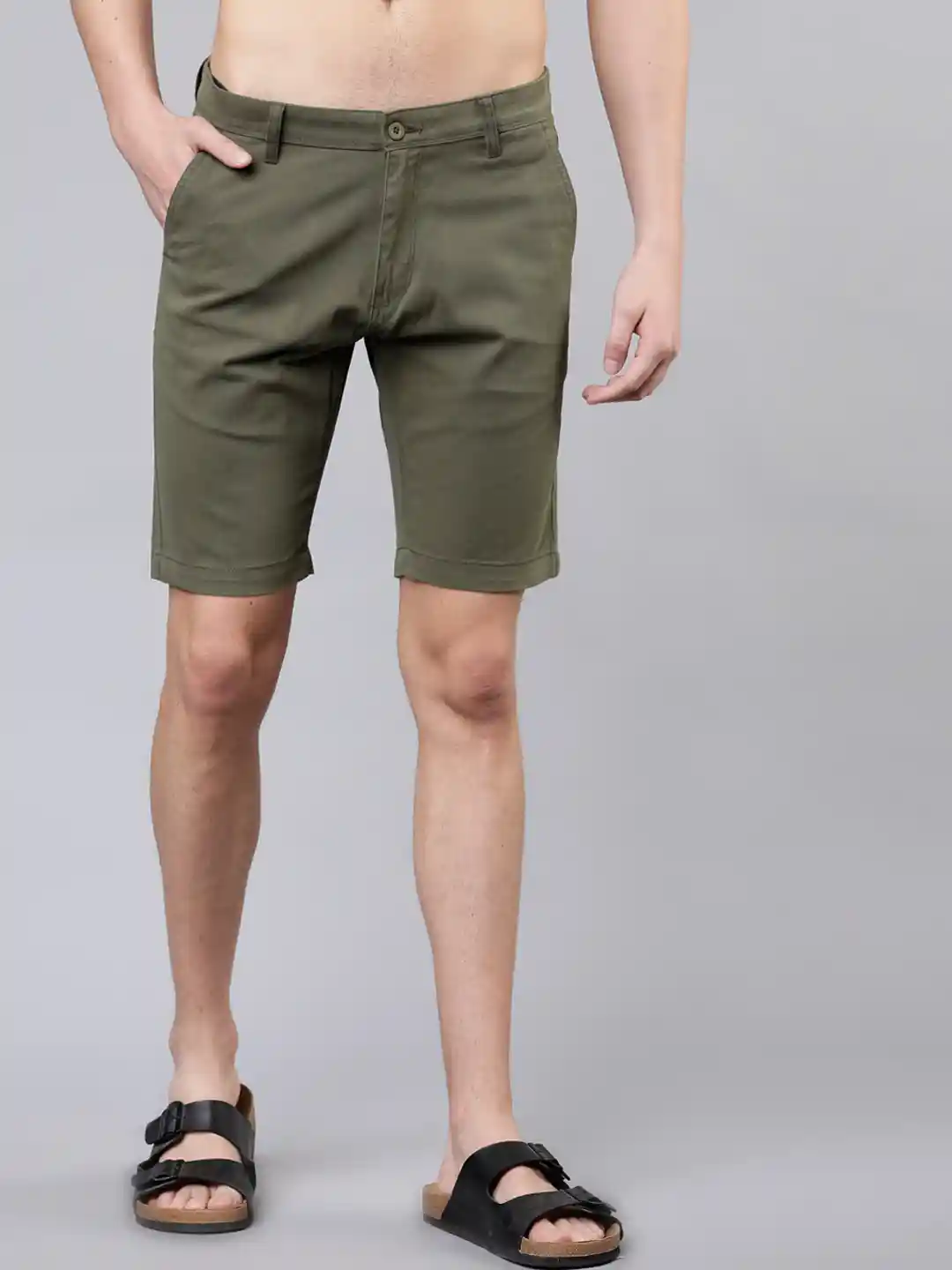 HIGHLANDER Men Olive Green Solid Slim Fit Chino Shorts