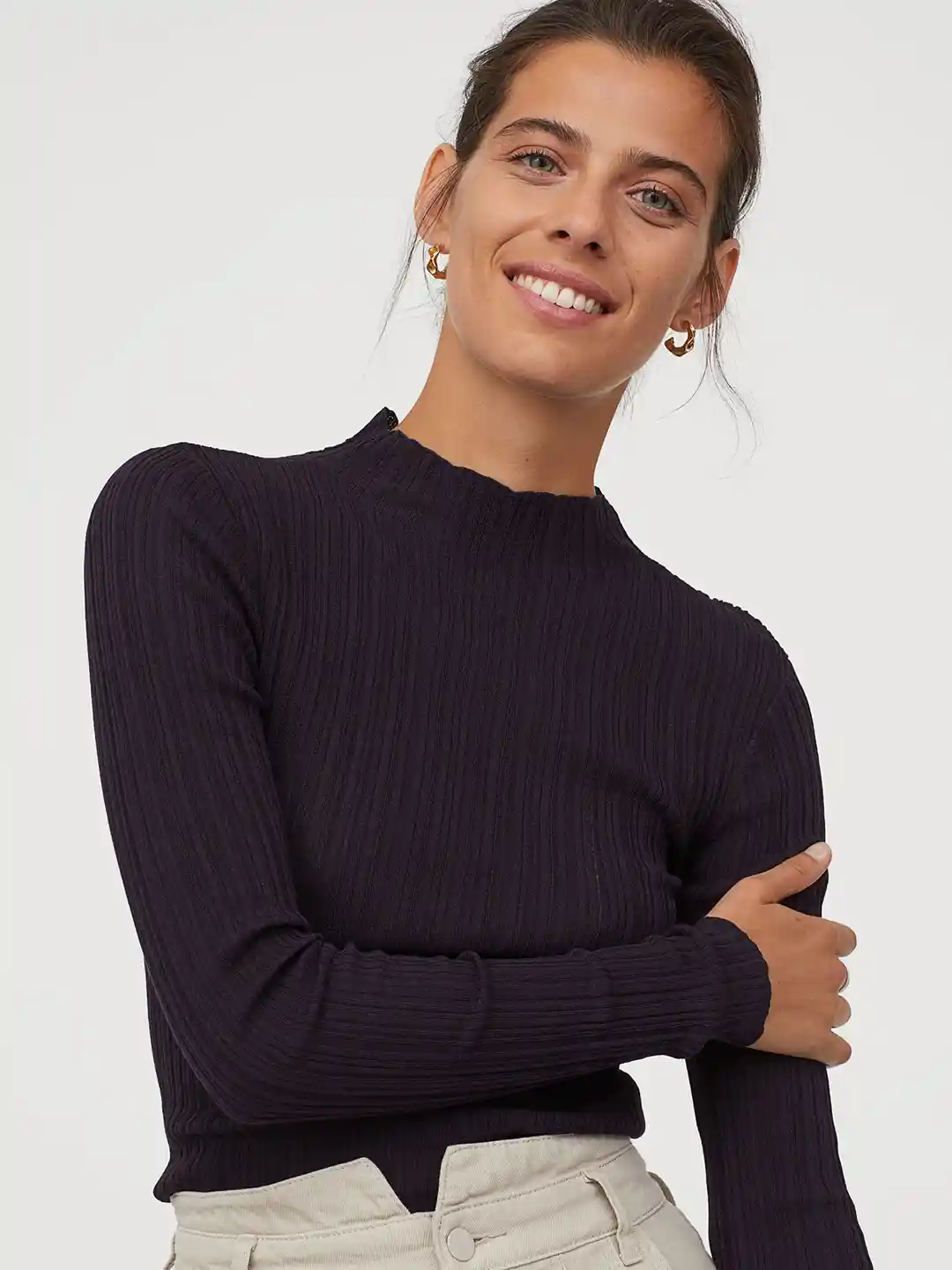 H&m Womens Ribbed Turtleneck Shirt H&M Women Navy Blue Solid