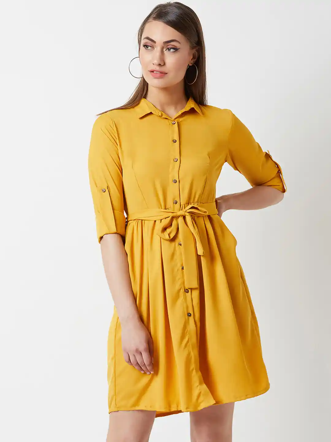 Buy Miss Chase Women Solid Mustard Yellow Knee Length Shirt Dress