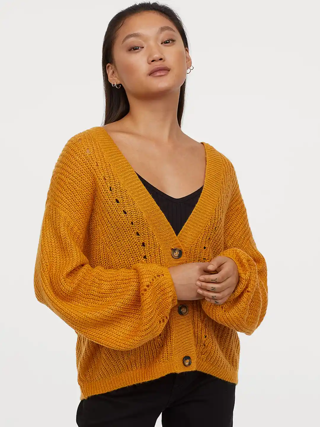 Buy H&M Women Yellow Solid Rib-Knit Cardigan Sweaters for Women