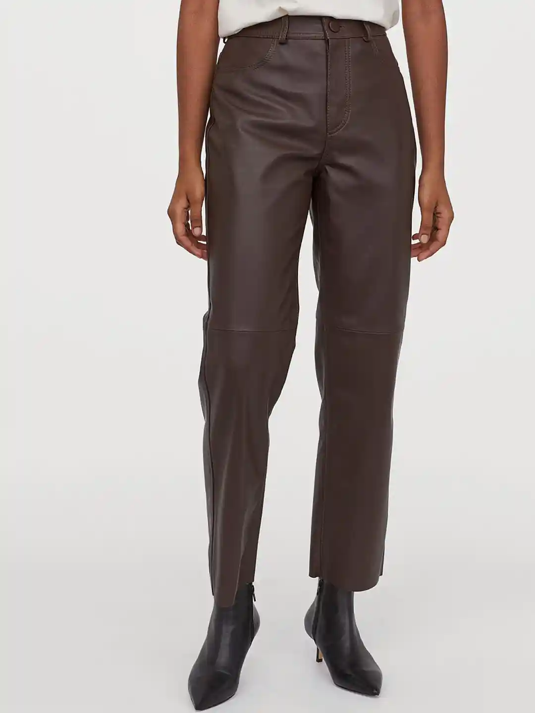 Buy H&M Women Brown Solid Leather Trousers Trousers for Women