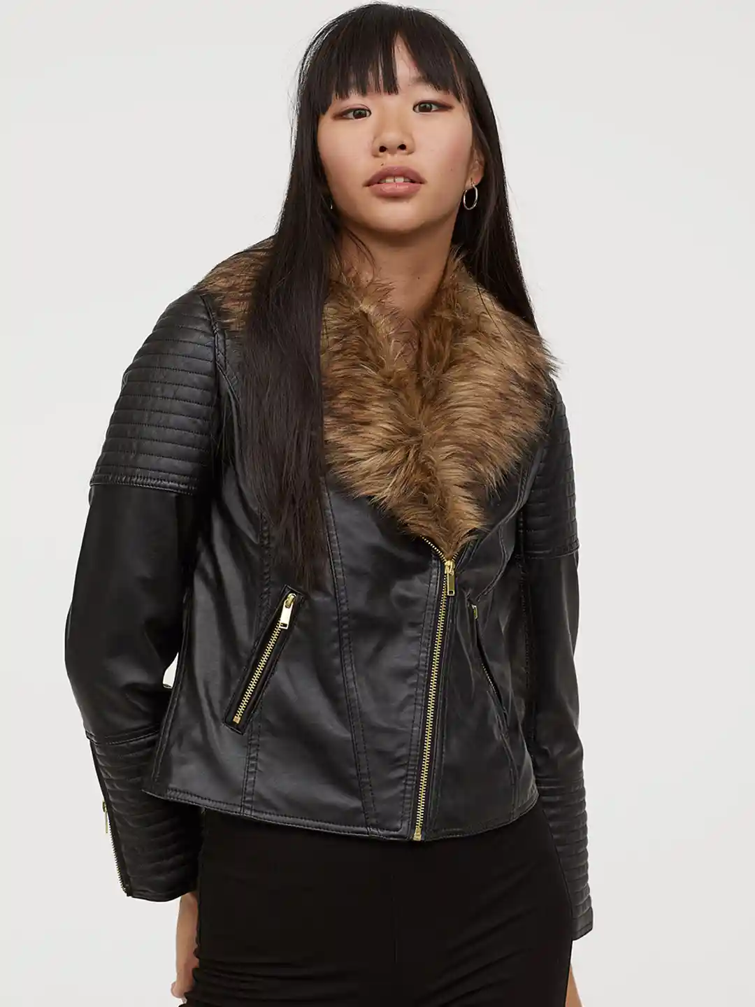 Buy H&M Women Black Biker Jacket With Faux Fur Jackets for Women