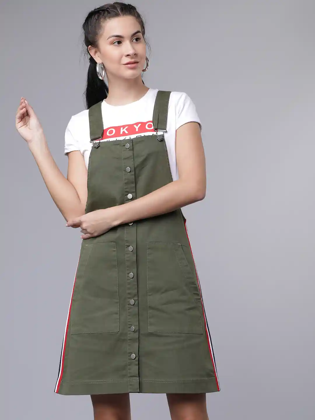 Buy Tokyo Talkies Women Olive Green Solid Pinafore Dress Dresses