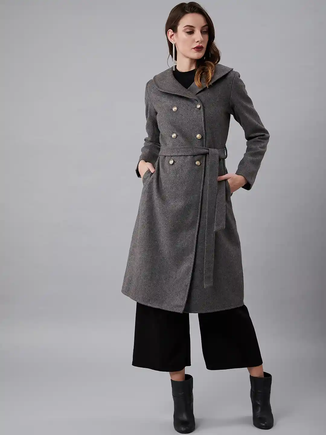 Athena Women Grey Solid Longline Double-Breasted Wool Pea Coat