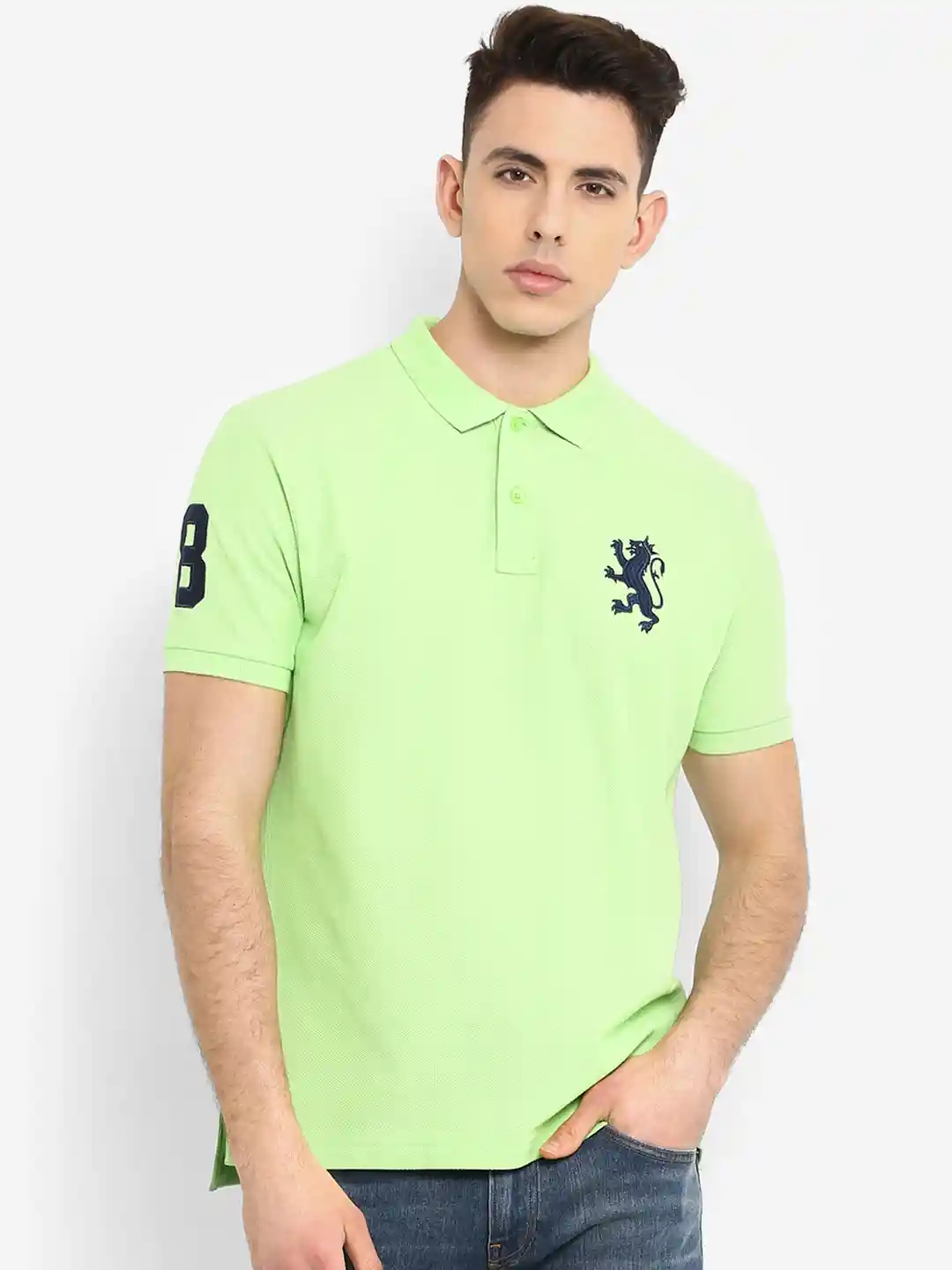 Buy Red Tape Men Green Solid Polo Collar Pure Cotton T-shirt