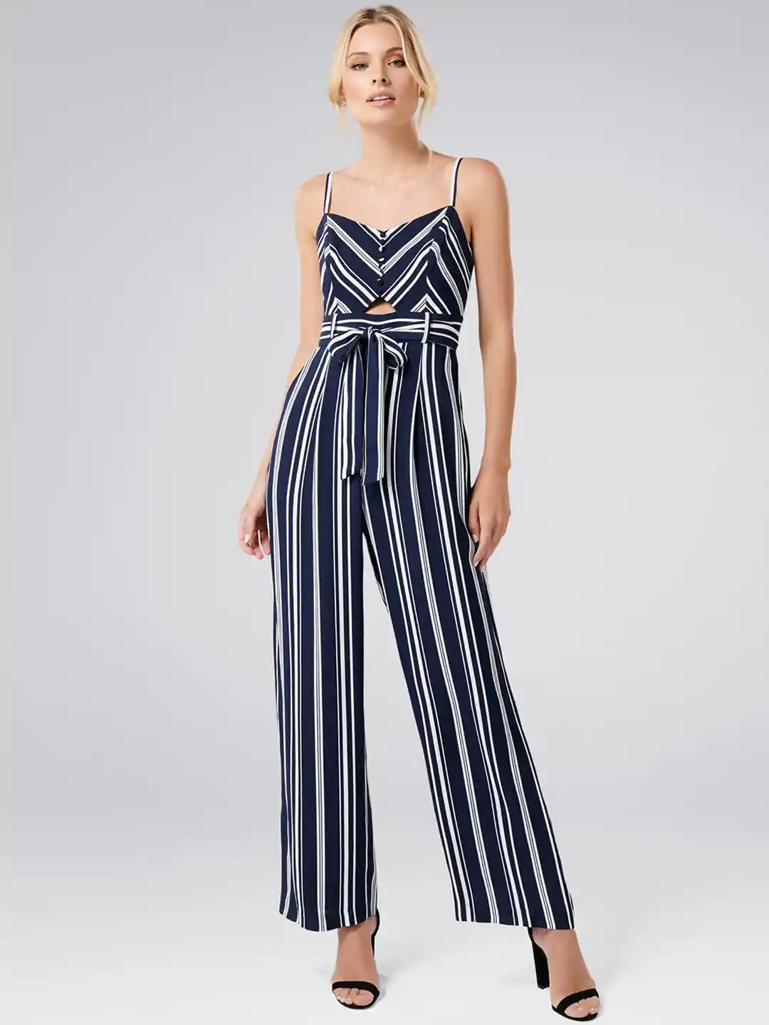 Buy Forever New Navy Blue White Striped Basic Jumpsuit - Main Image