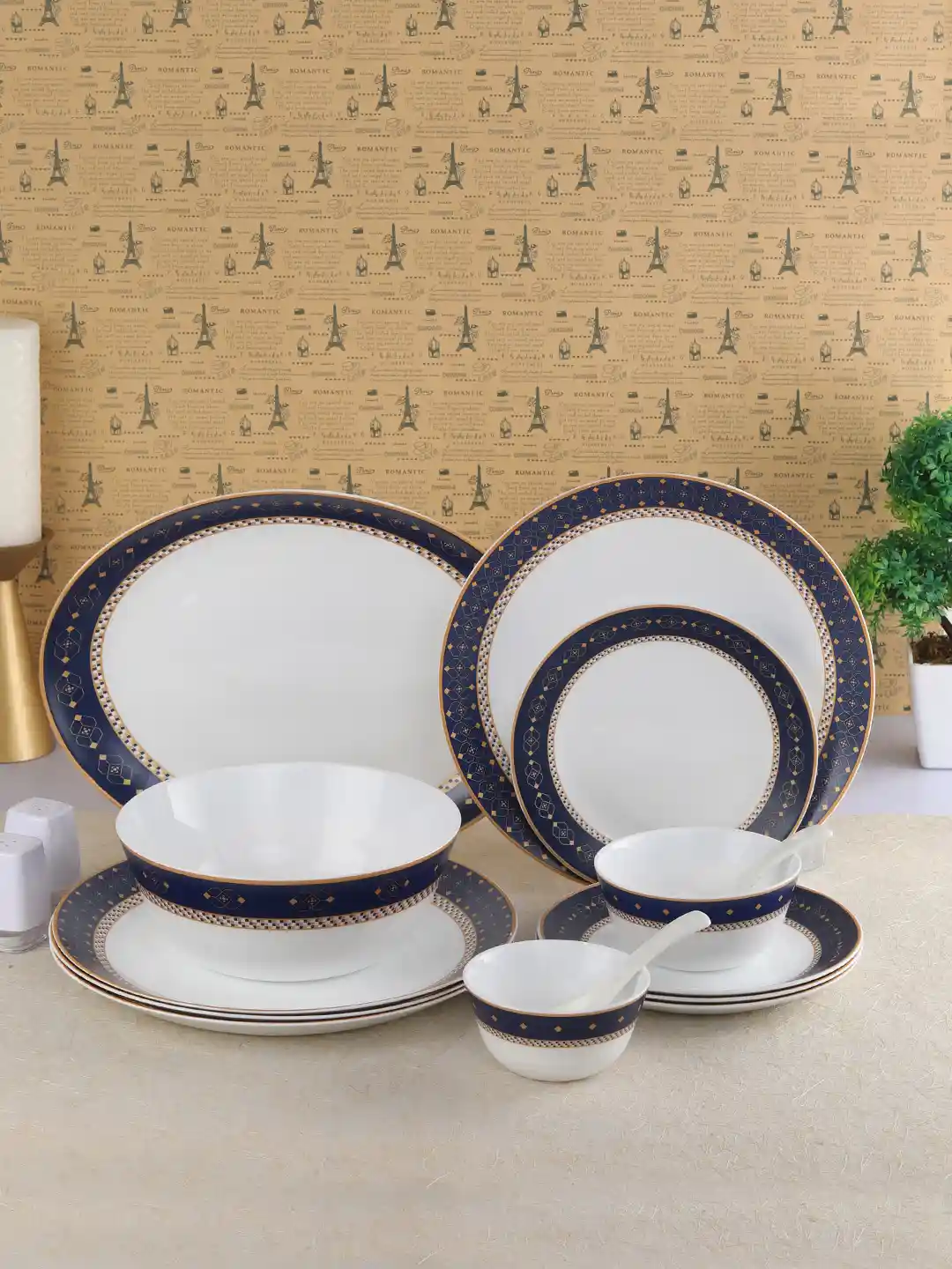 Buy Cello White Navy Blue Sapphire 37 Pieces Printed Opalware