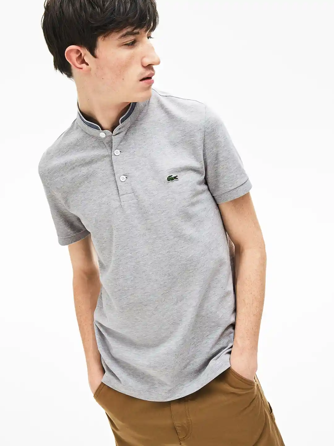 Buy Lacoste Men Grey Solid Mandarin Collar T-shirt Tshirts for