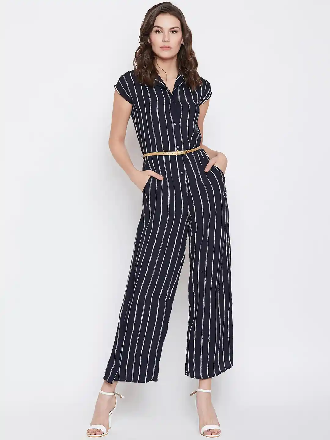 Nun Navy Blue White Striped Basic Jumpsuit