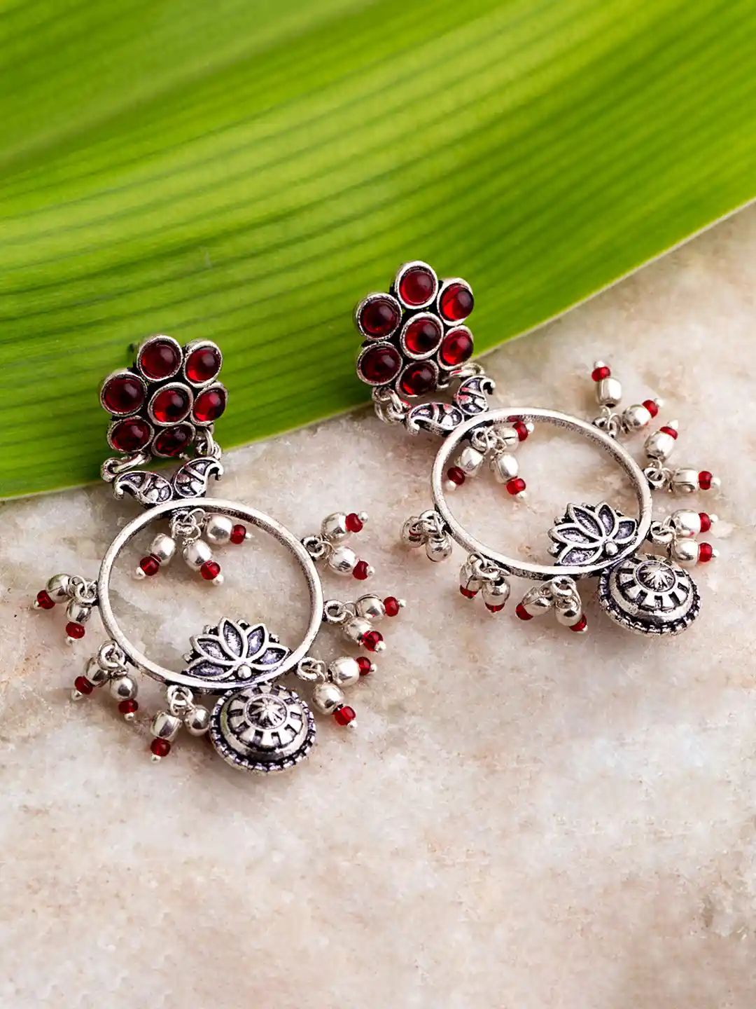 Voylla Oxidised Silver-Plated Maroon Handcrafted Stone-Studded Circular  Drop Earrings