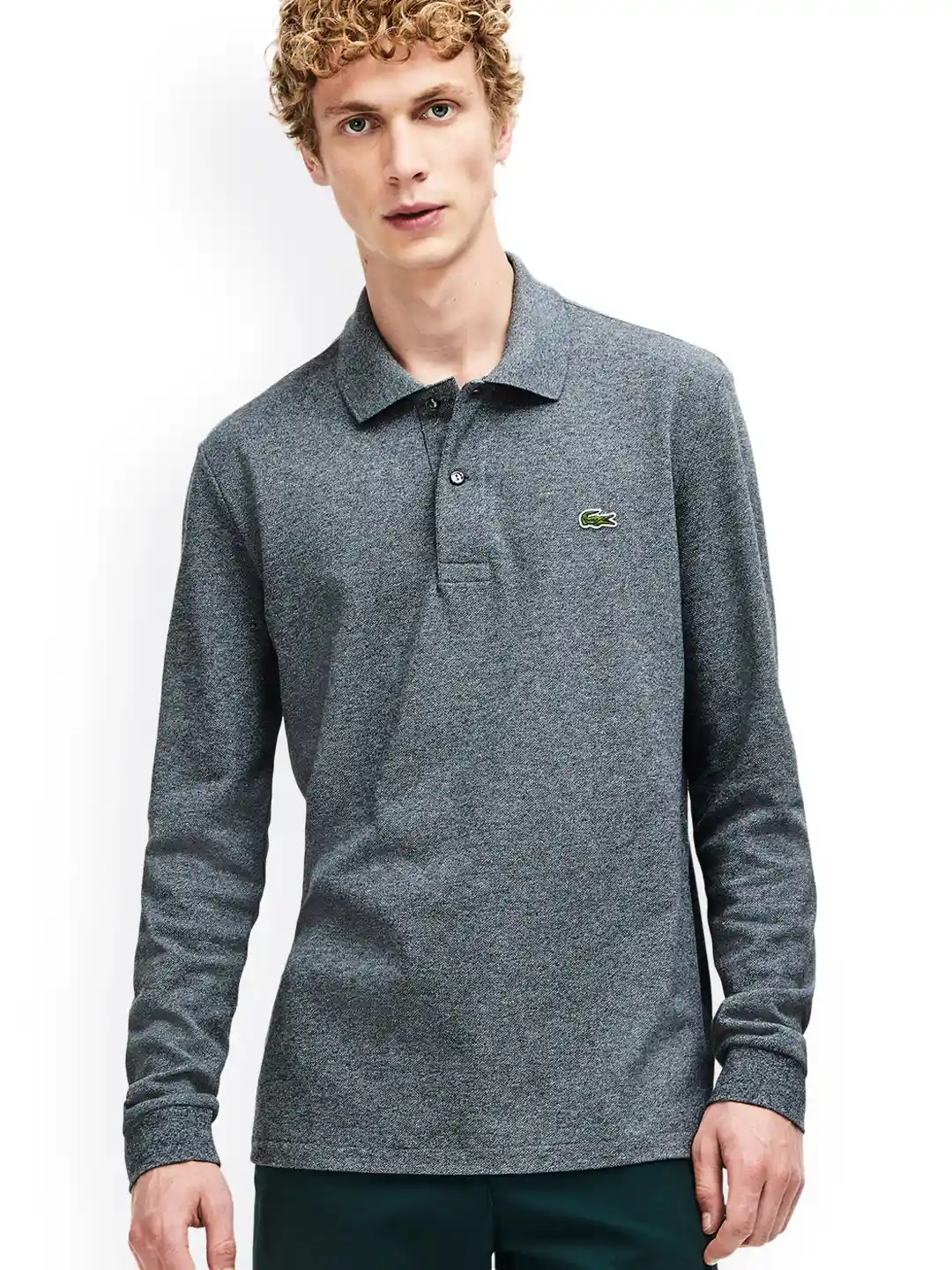 Buy Lacoste Men Grey Melange Self Design Polo Collar Pure Cotton T