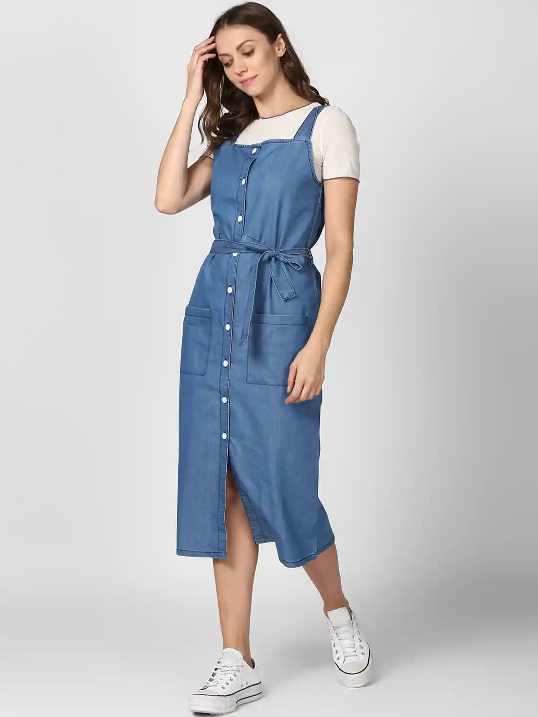 Buy StyleStone Women Blue Solid Denim Pinafore Dress Dresses for - Main Image