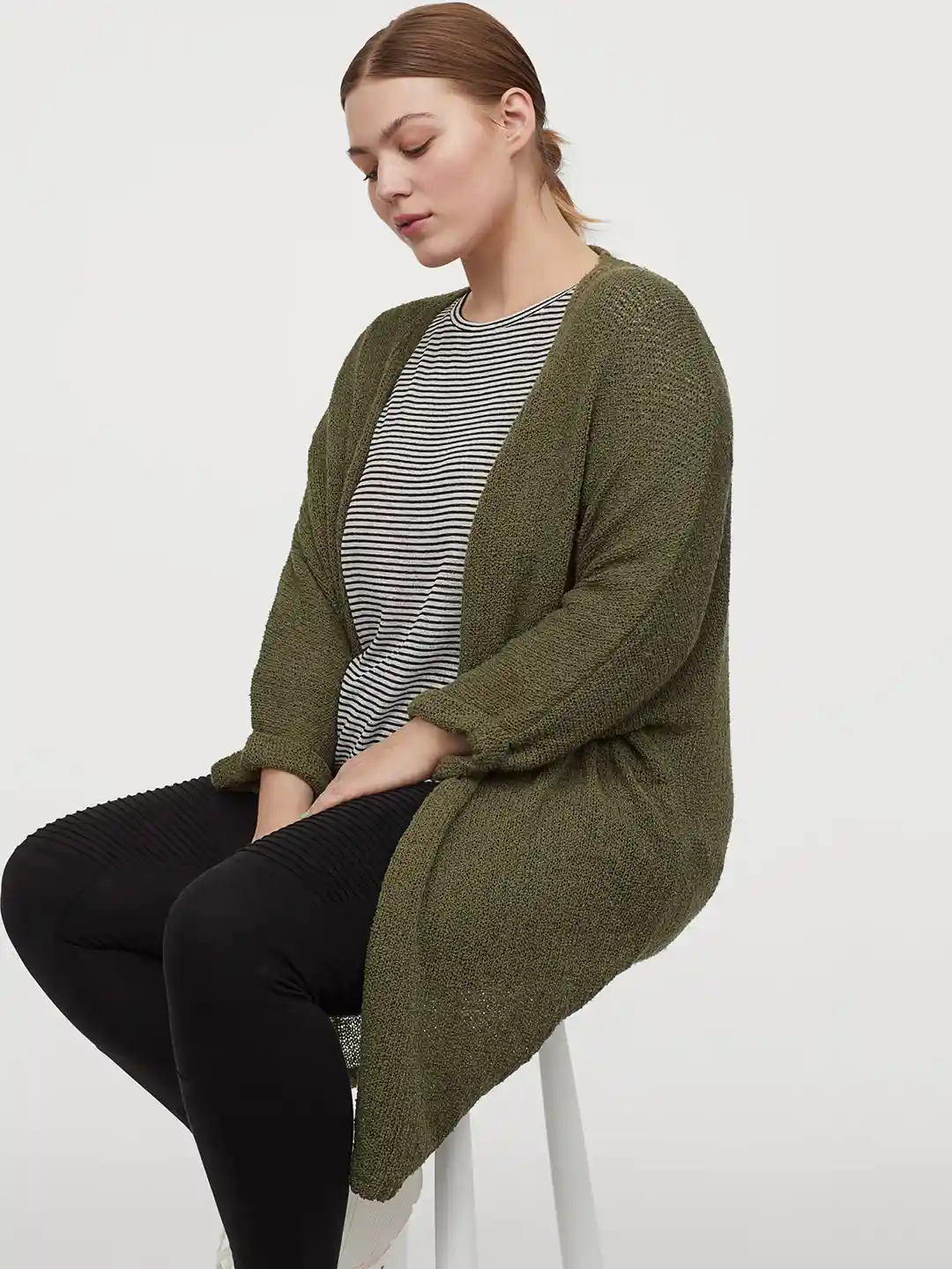 Buy H&M Plus Women Olive Green Loose-Knit Sustainable Cardigan