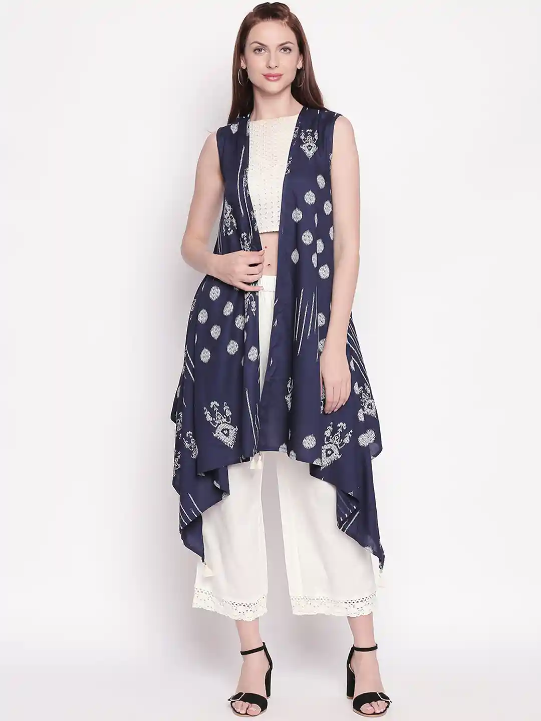 Buy AKKRITI BY PANTALOONS Women Navy Blue Printed Open Front Shrug