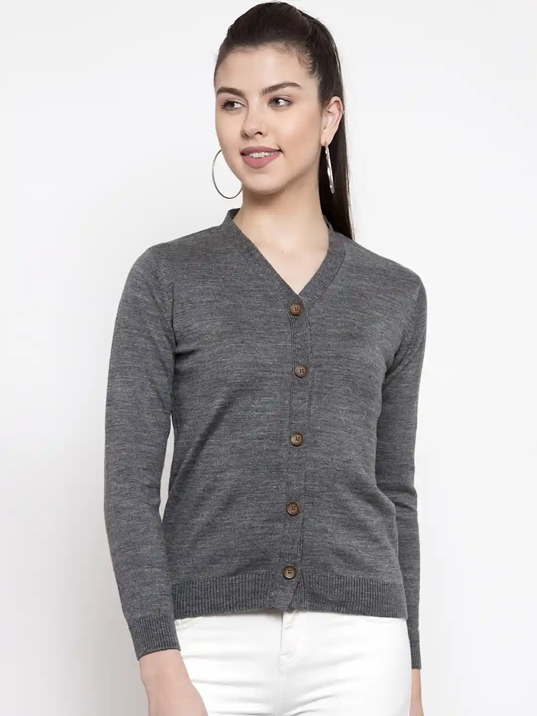 Buy Kalt Women Grey Melange Solid Cardigan Sweater Sweaters for