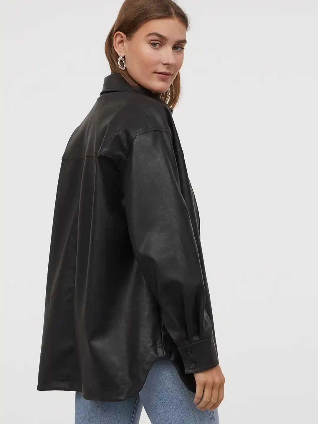 Buy H&M Women Black Imitation Leather Shirt Jacket Jackets for