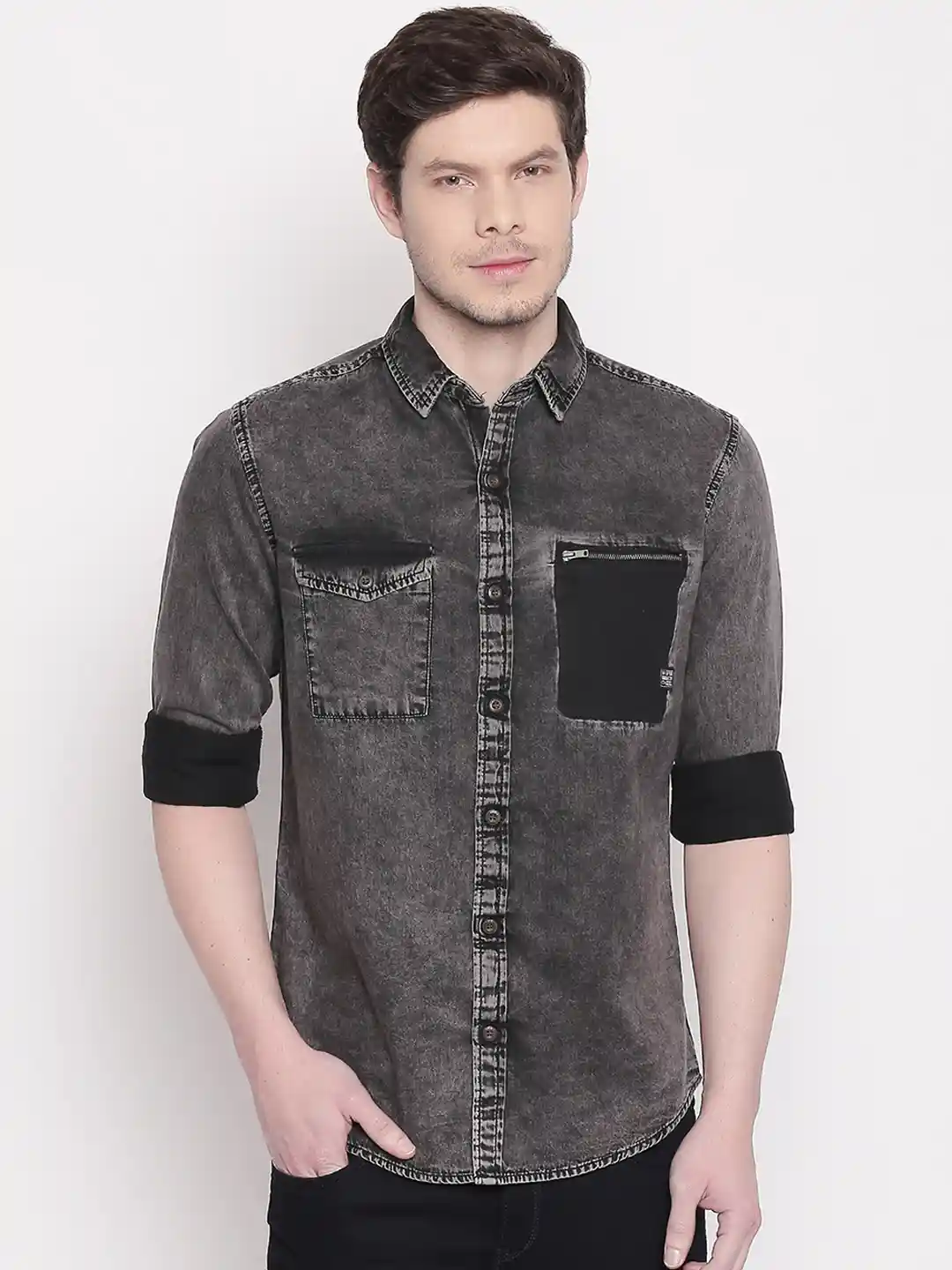 Men's Mufti Denim Shirt Mufti Men Black Grey Slim Fit Faded