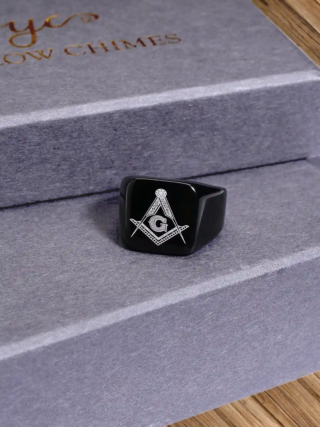 Yellow Chimes Men Black Silver-Toned Freemason Symbol Stainless Steel  Finger Ring