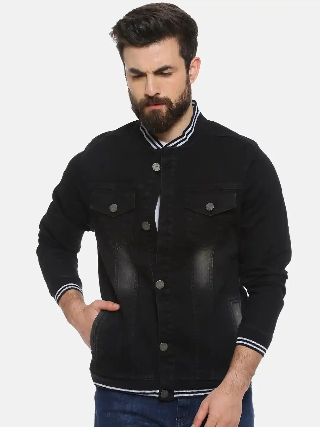 Buy Campus Sutra Men Black Solid Windcheater Denim Jacket