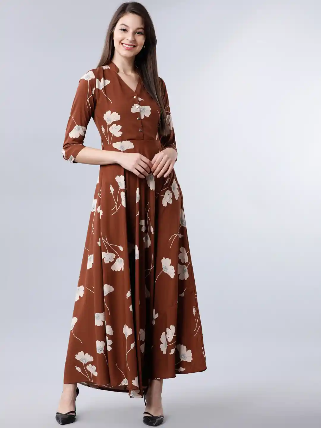 Buy Tokyo Talkies Women Brown Cream Floral Printed Maxi Dress
