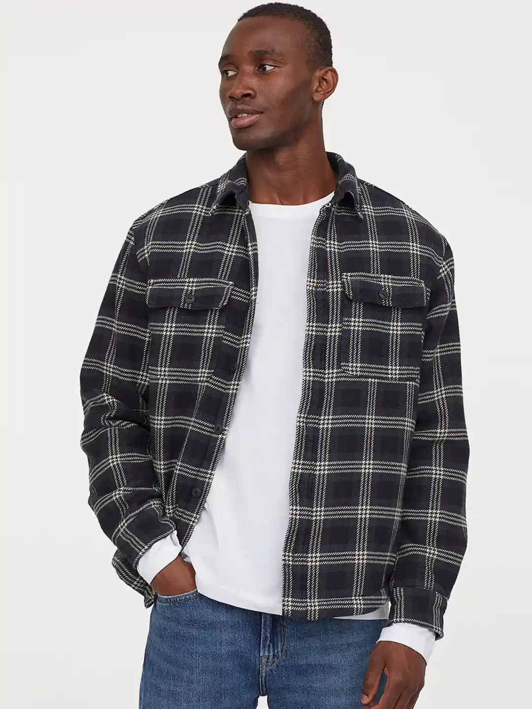 Buy H&M Men Black White Checked Faux Shearling-Lined Shacket