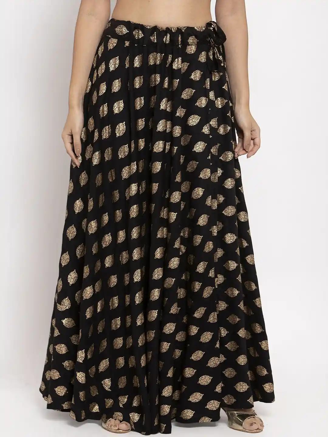 Buy Clora Creation Black Gold-Colour Printed Flared Maxi Skirt