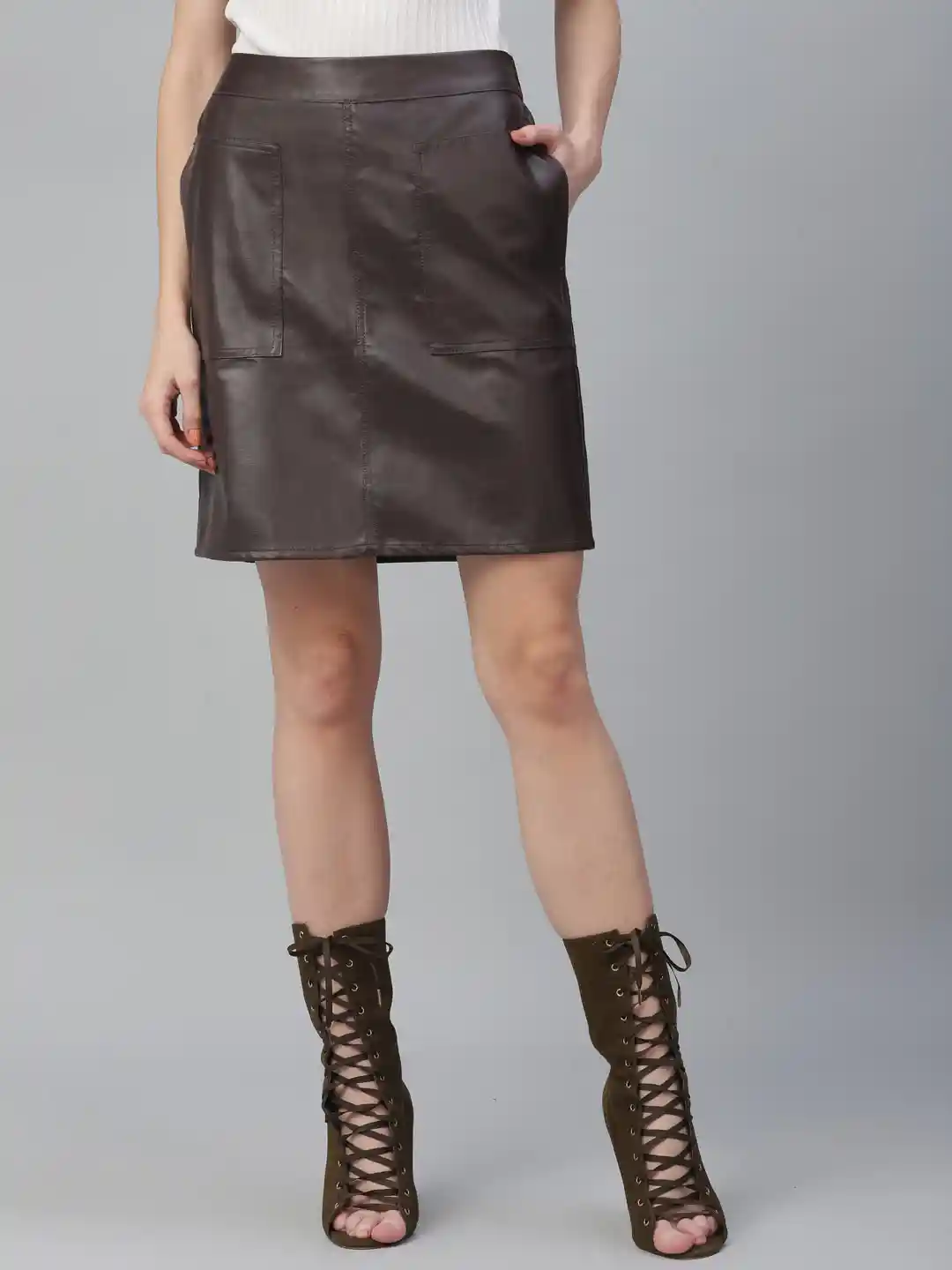 Athena Women Coffee Brown Solid Leather Mini Straight Skirt