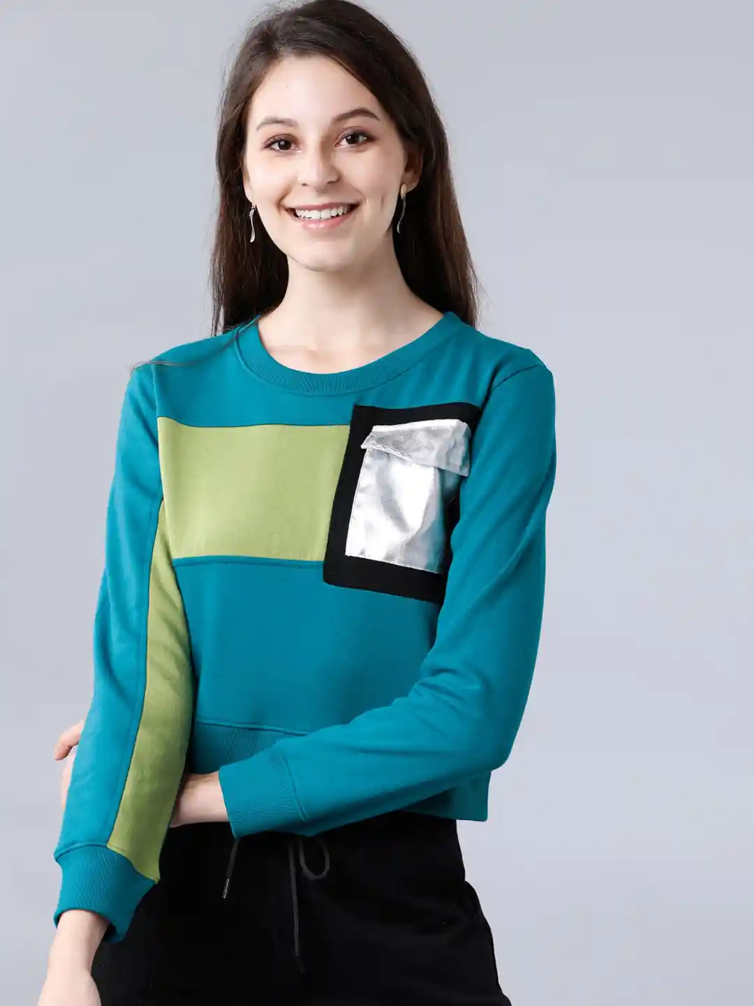 Tokyo Talkies Women Teal Blue Green Colourblocked Sweatshirt