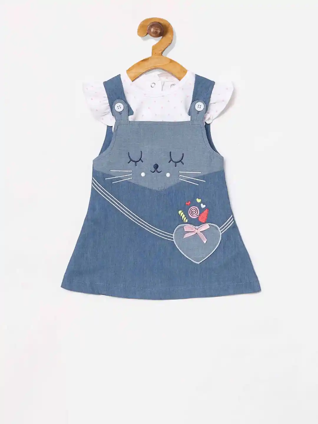 BABY GO Girls White Blue Patterned Pinafore Dress With Top