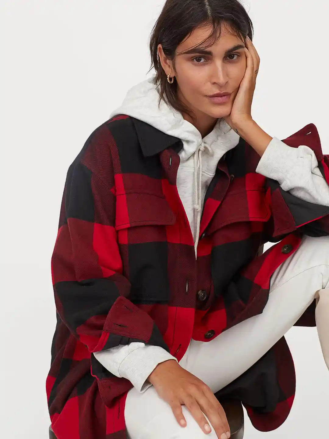 Buy H&M Women Red Checked Long Shirt Jacket Jackets for Women