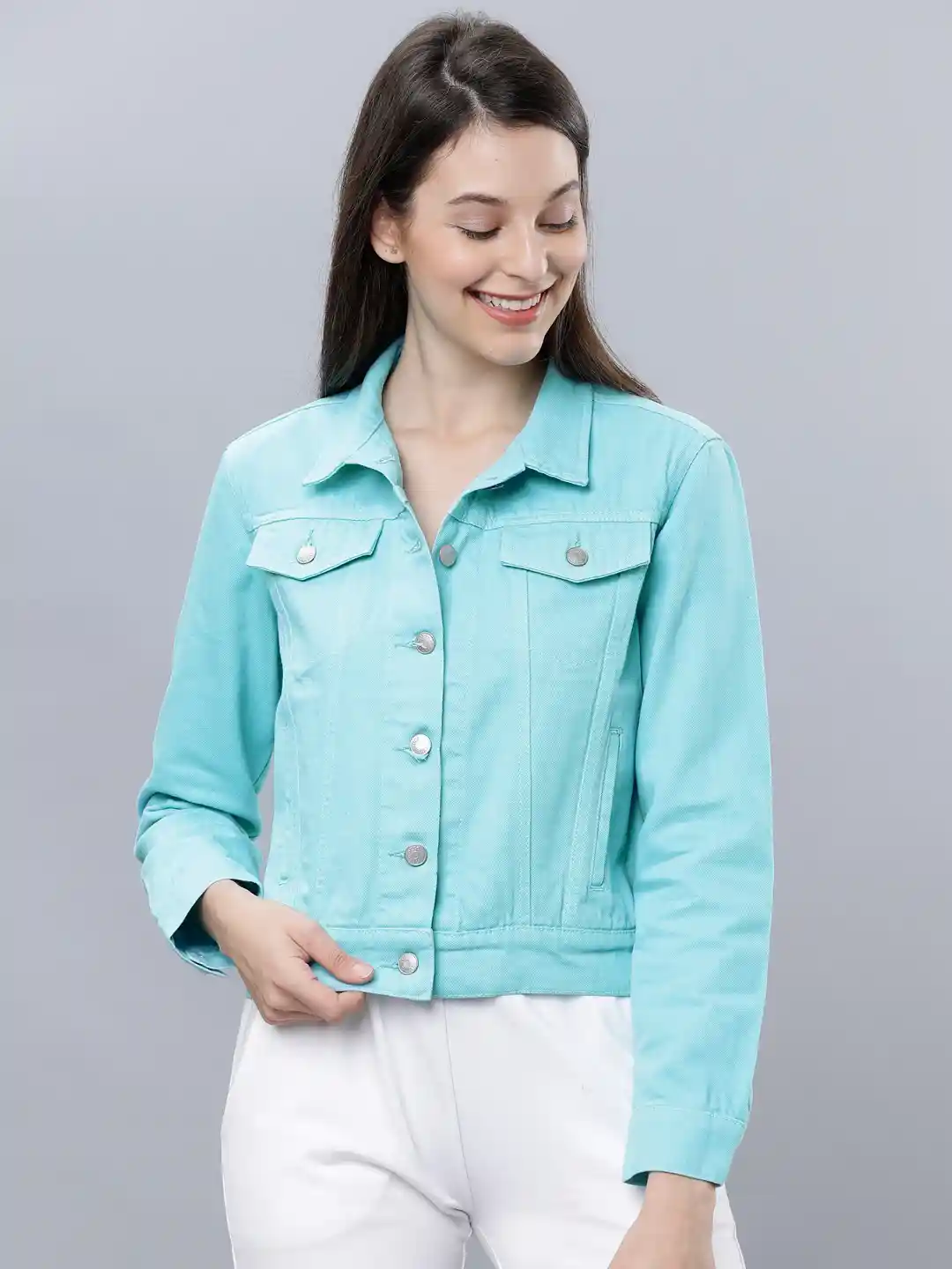 Buy Tokyo Talkies Women Turquoise Blue Solid Denim Jacket