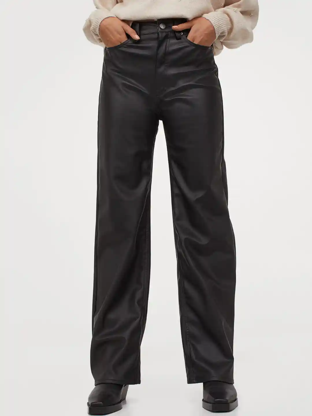 Buy H&M Women Black Imitation Leather Trousers Trousers for