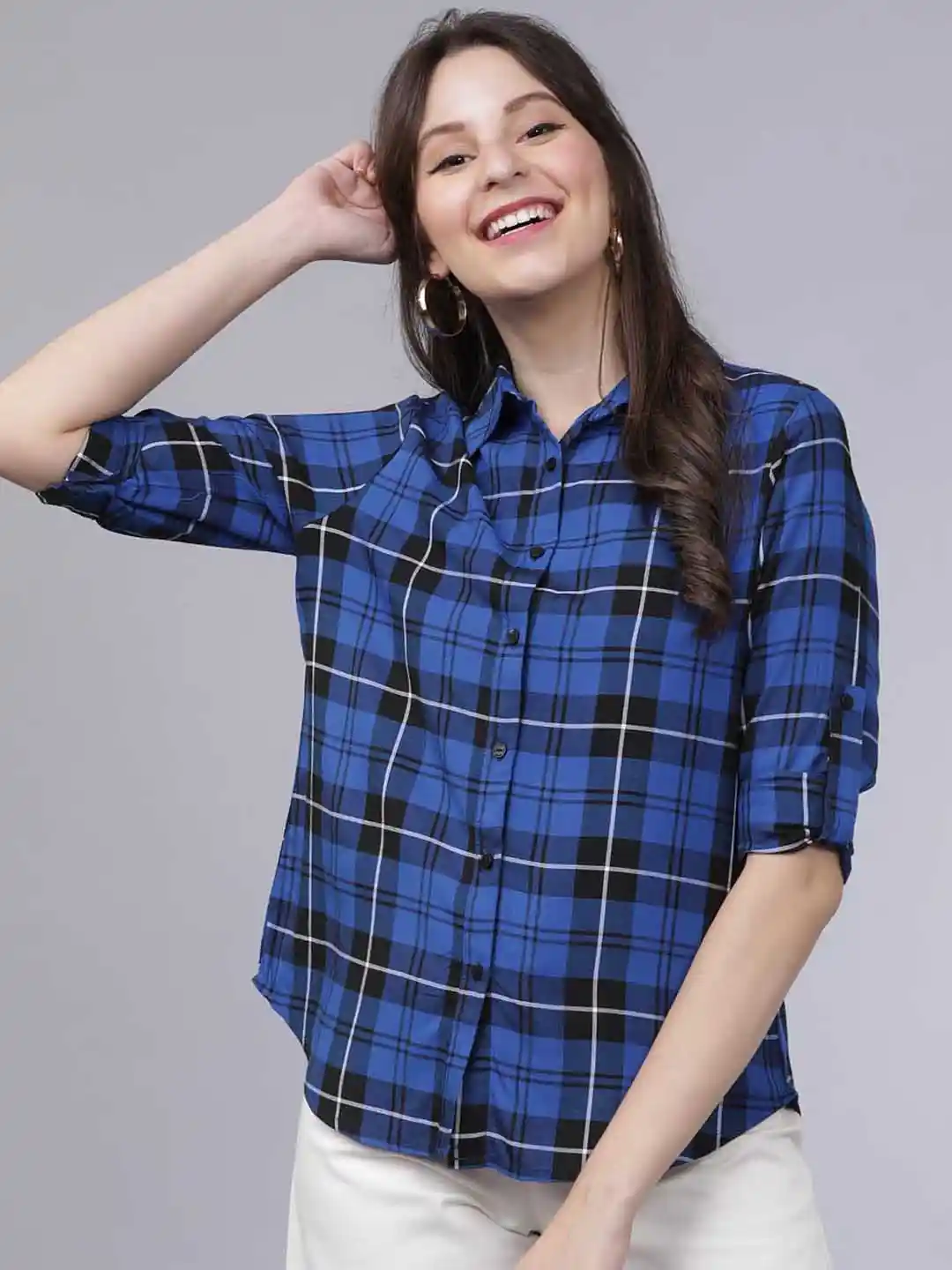 Buy Tokyo Talkies Women Blue Regular Fit Checked Casual Shirt