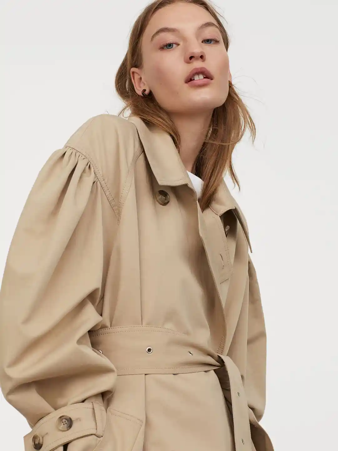 Buy H&M Women Beige Solid Puff-Sleeved Trenchcoat Coats for