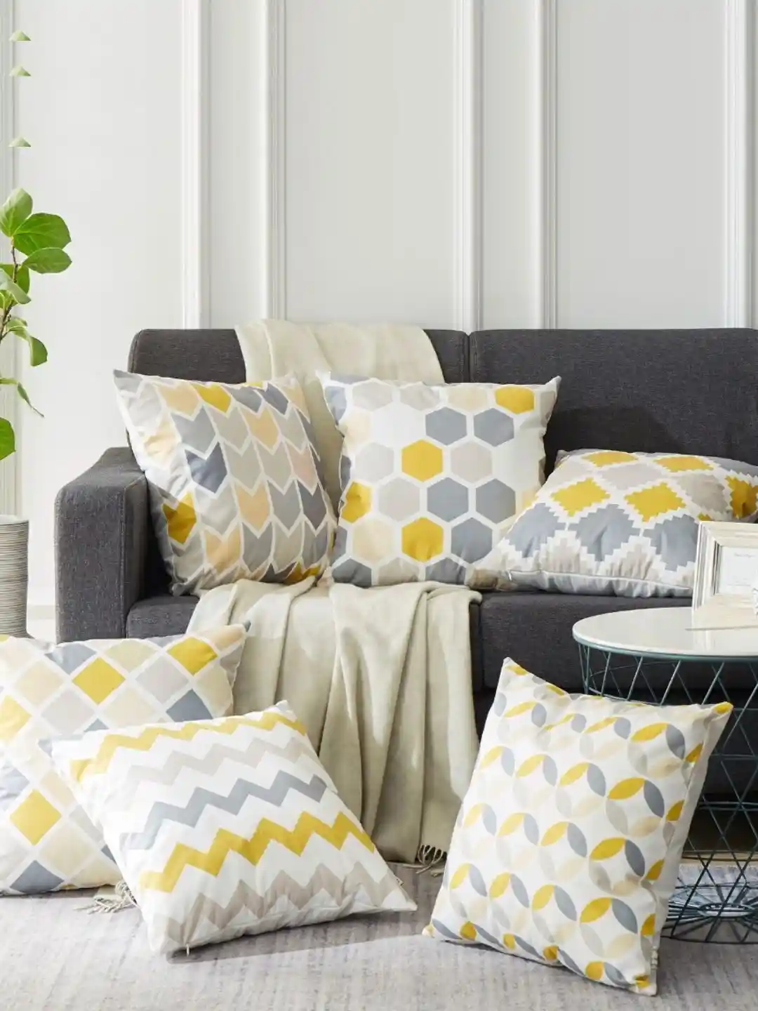 Buy MODERN HOMES Yellow Grey Set of Geometric Square Cushion