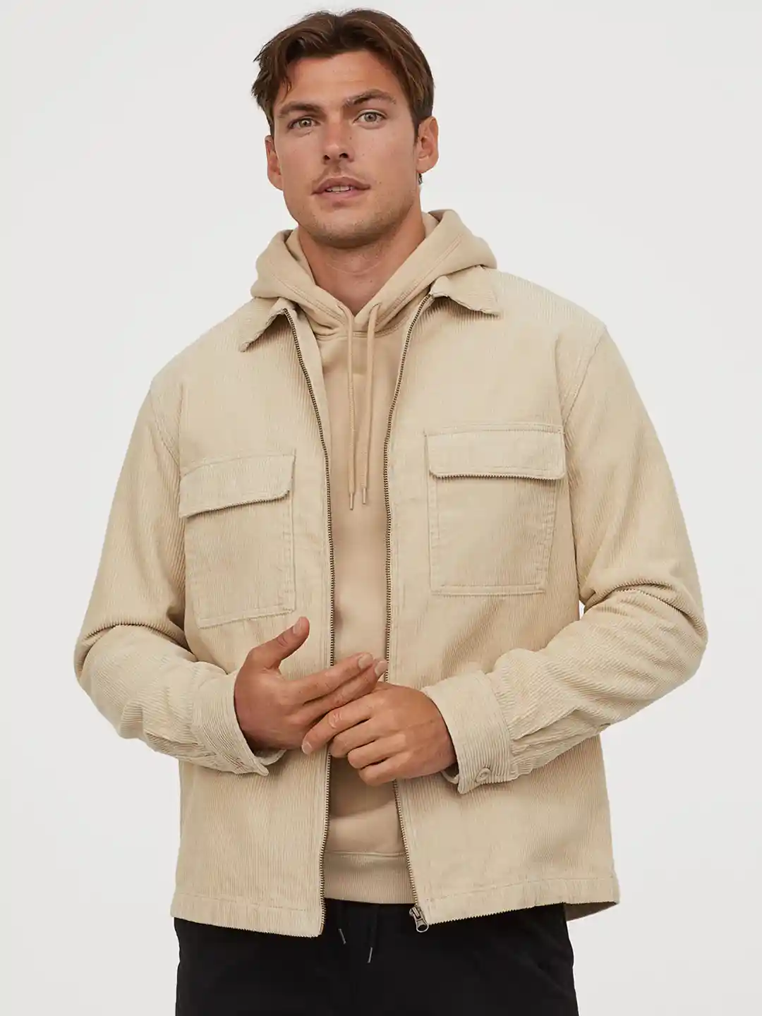 H&M Men Beige Solid Corduroy Shacket
