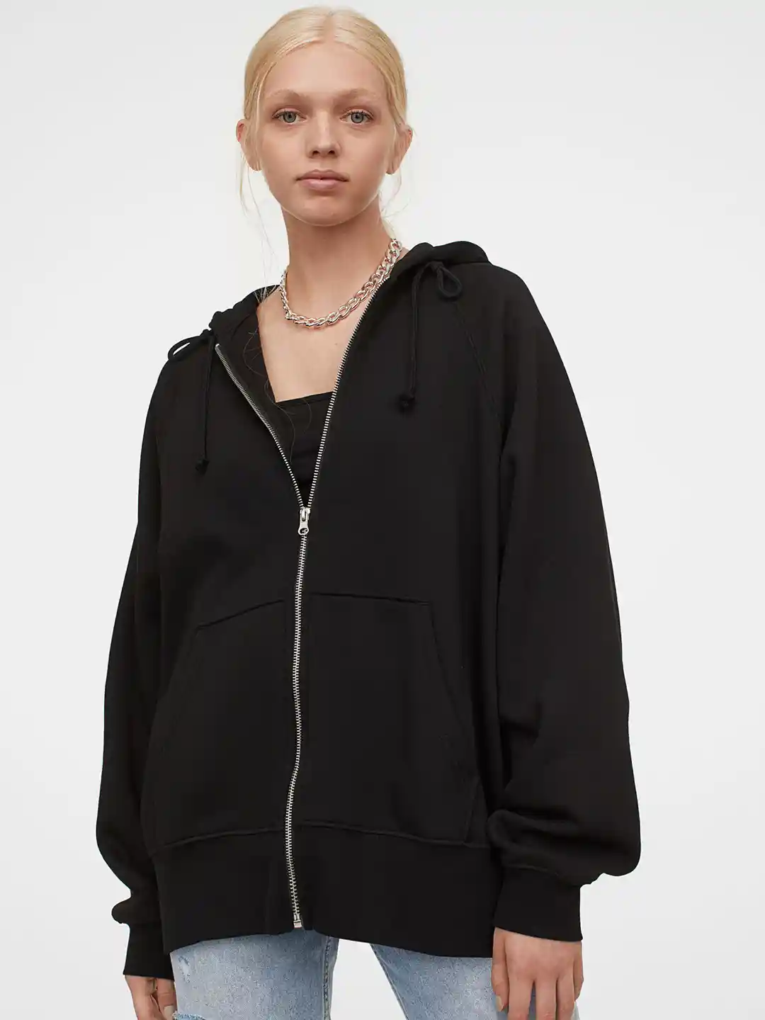 Buy H&M Women Black Oversized Zip-Through Hoodie Sweatshirts for