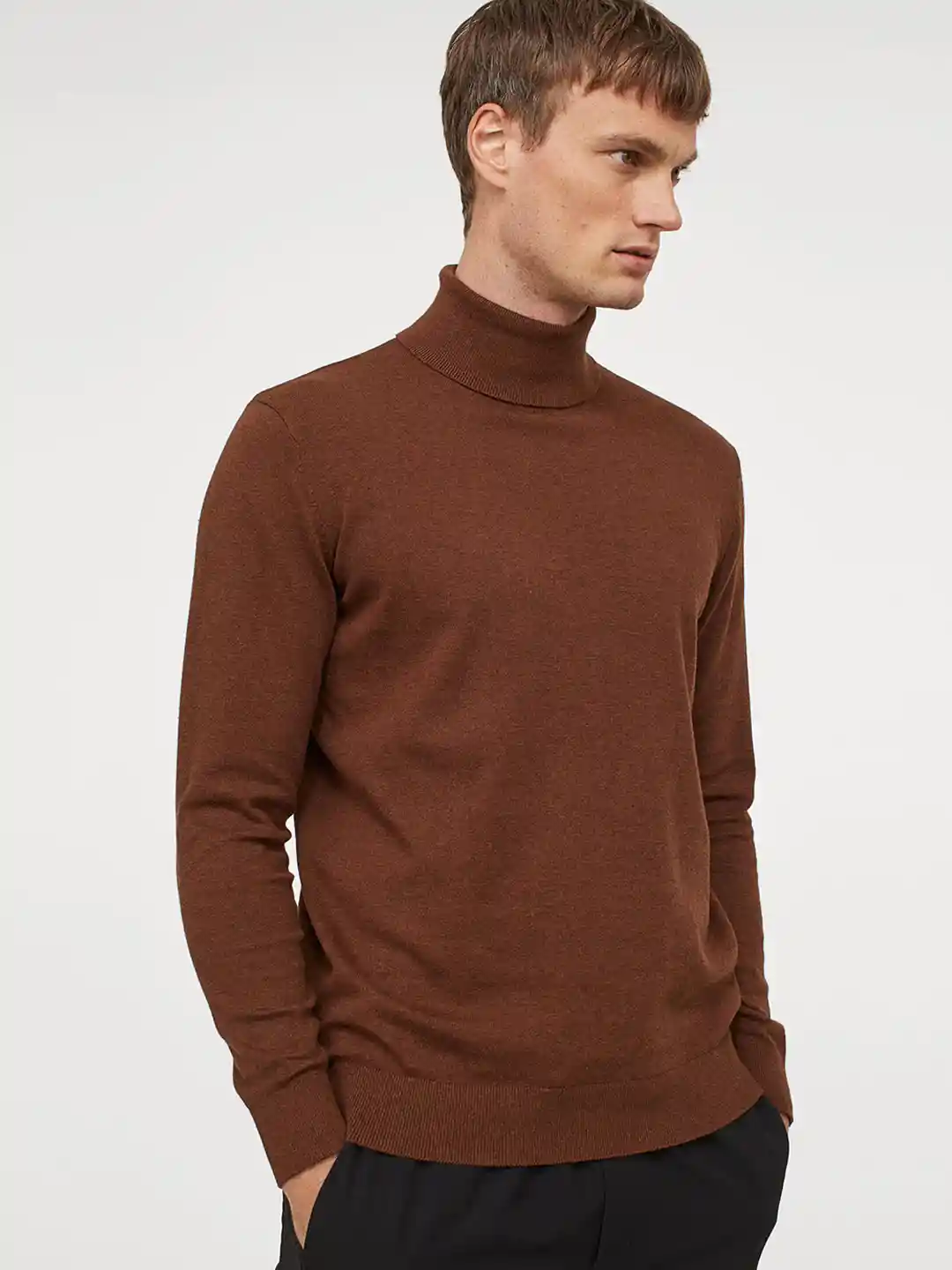 Buy H&M Men Brown Solid Fine-Knit Polo-Neck Jumper Sweaters for