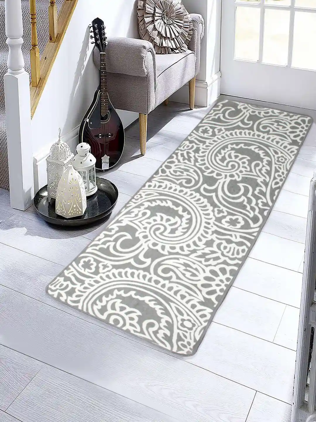 Buy Saral Home White Grey Floral Anti-Skid Floor Runner