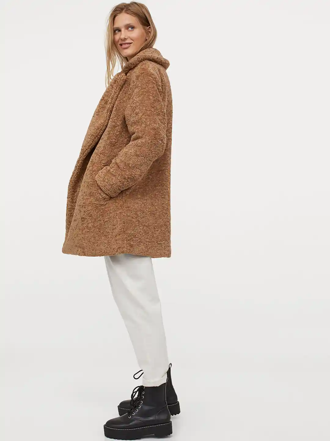 Buy H&M Women Beige Solid Teddy Coat Coats for Women 12466268
