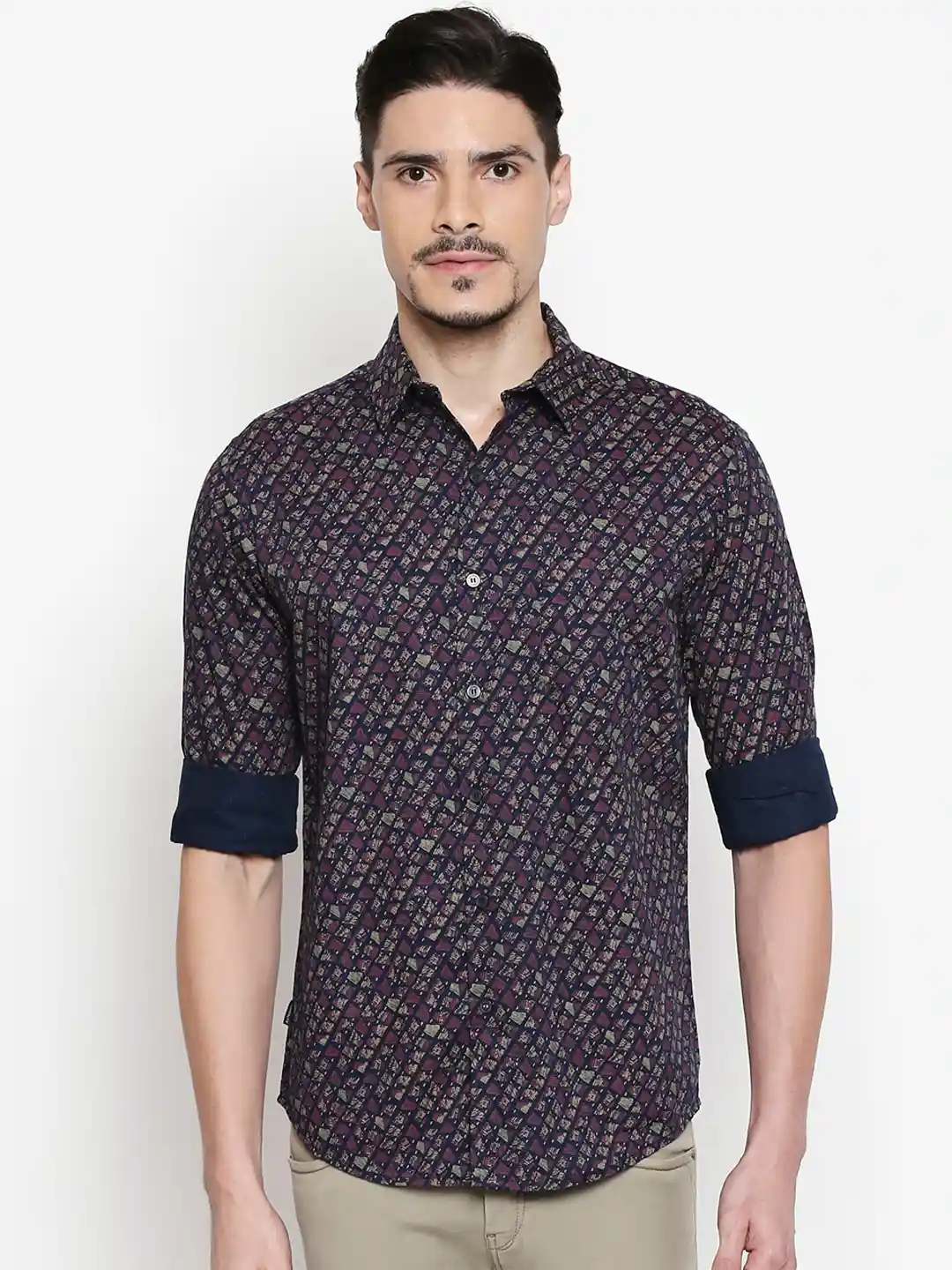 Buy Mufti Men Navy Blue Pink Slim Fit Printed Casual Shirt
