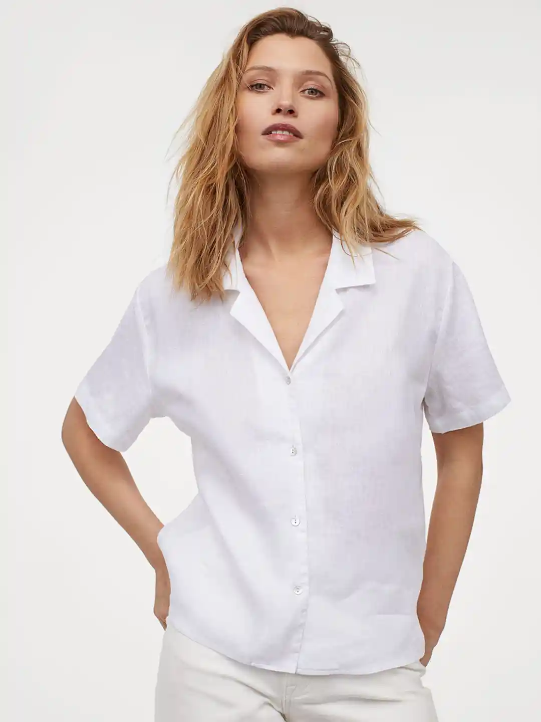 H&M Women White Solid Linen Resort Shirt