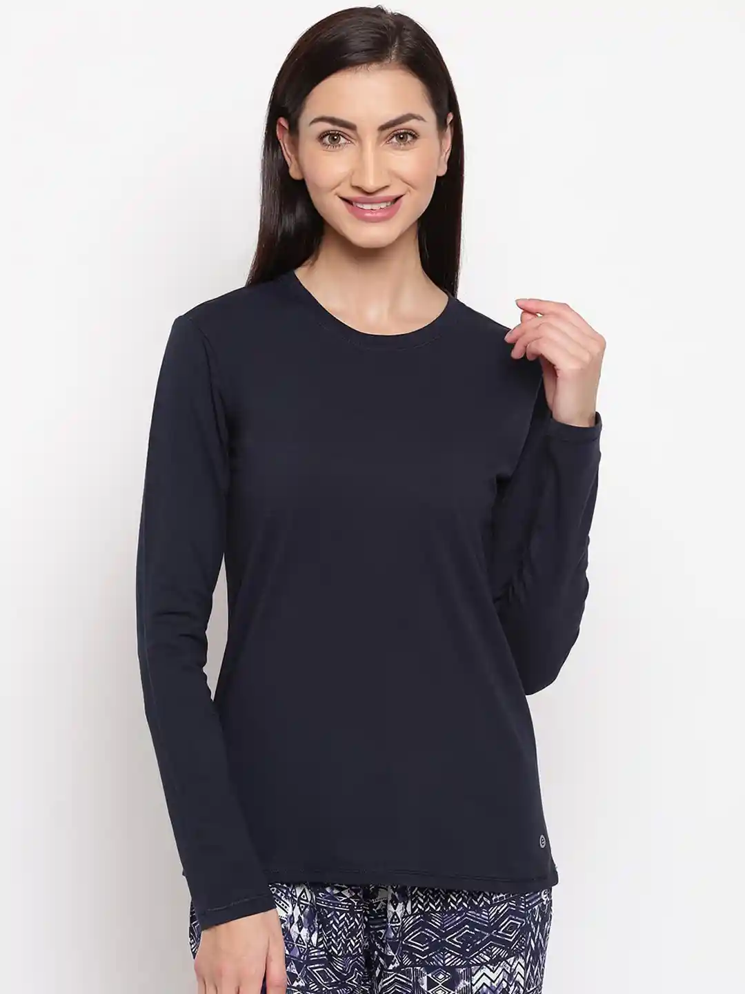 Buy Enamor Women Solid Basic Crew Neck Long Sleeves Stretch Cotton