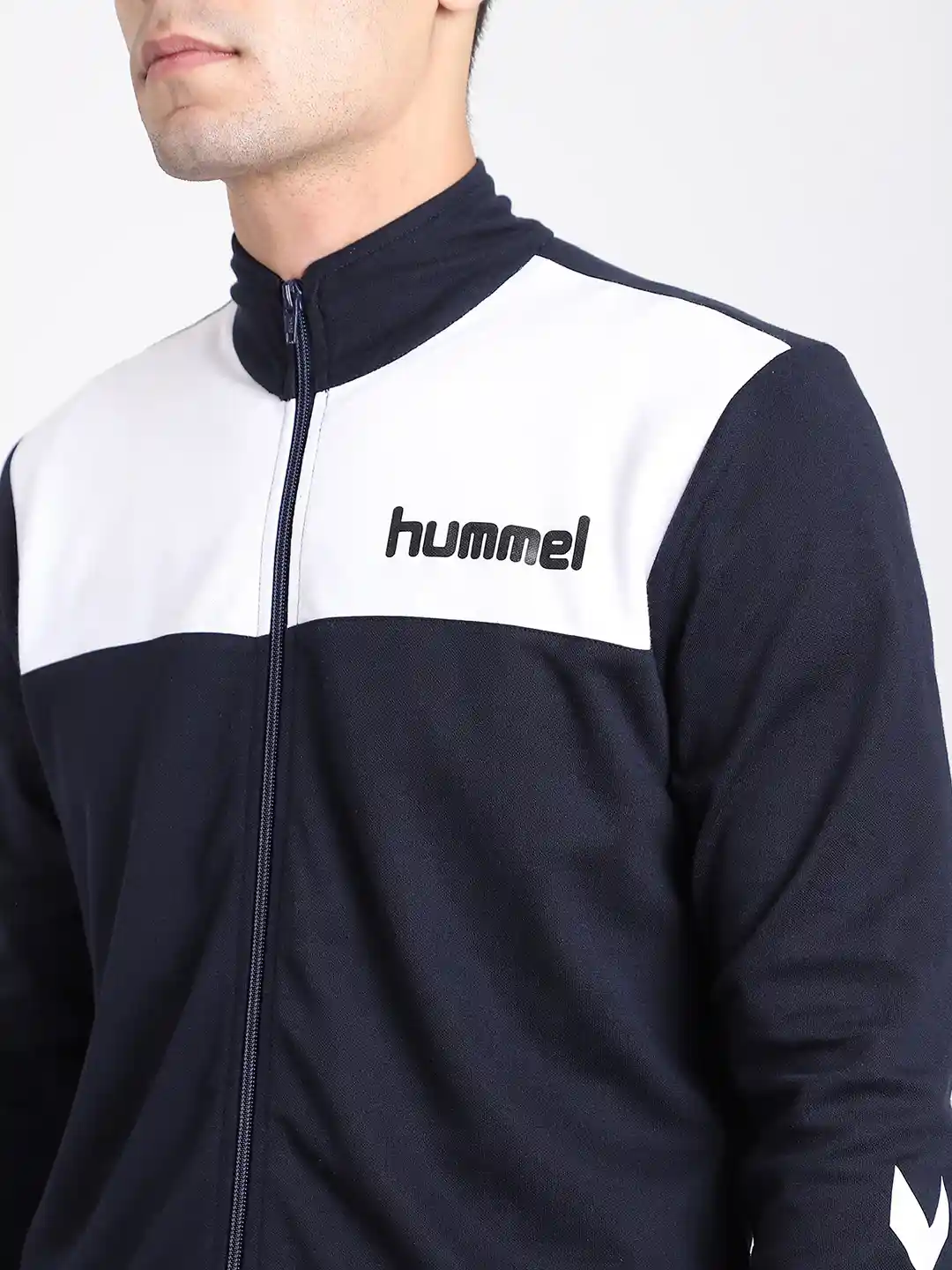 hummel Men Navy Blue White Colourblocked Sporty Jacket