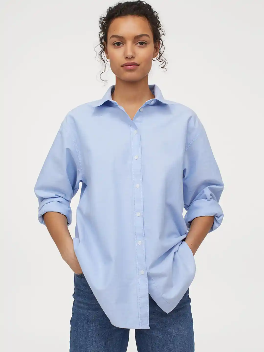 H&M Women Blue Oversized Oxford Shirt