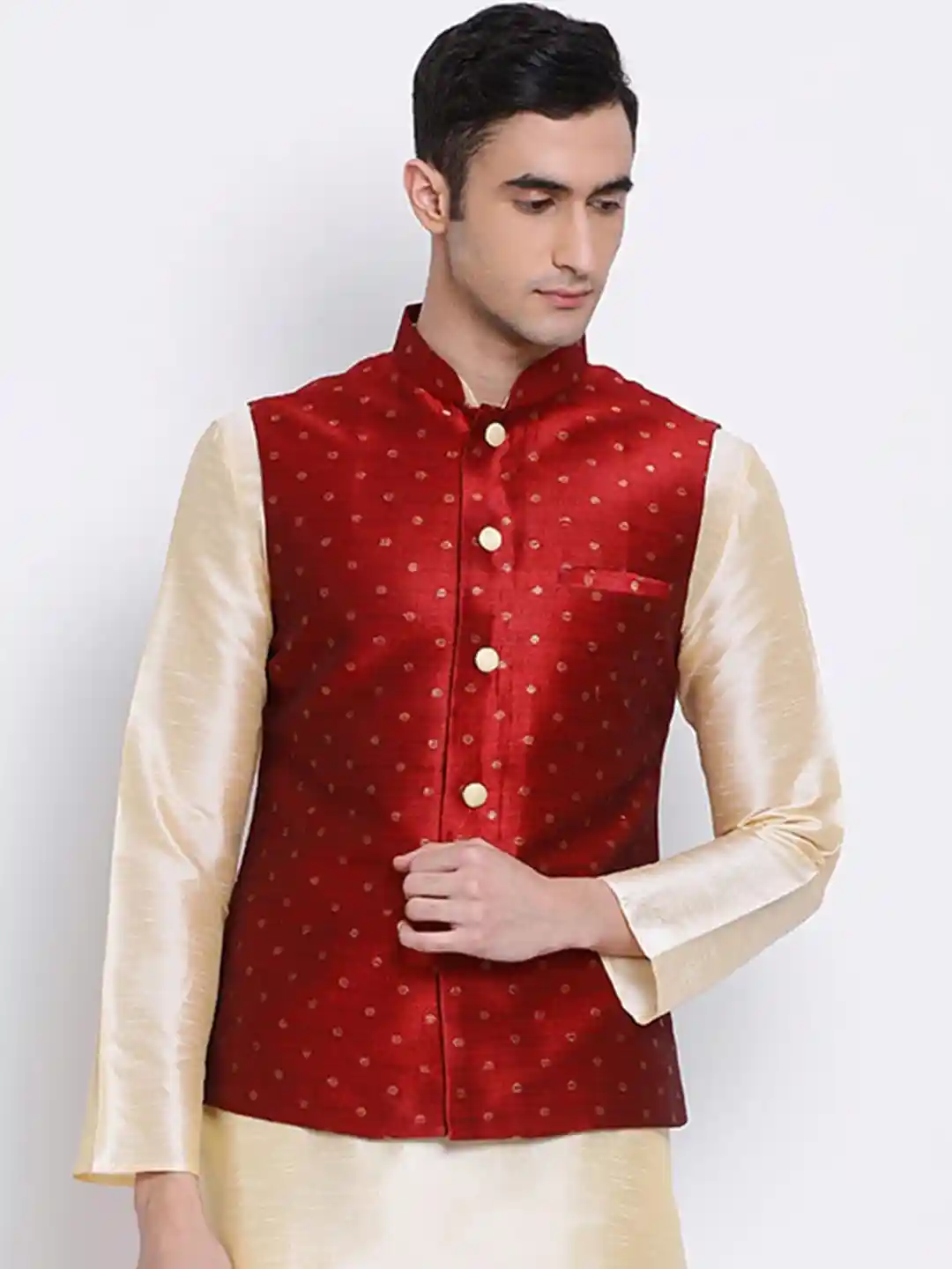 Buy Here&Now X Sanwara Men Maroon Woven Design Nehru Jacket