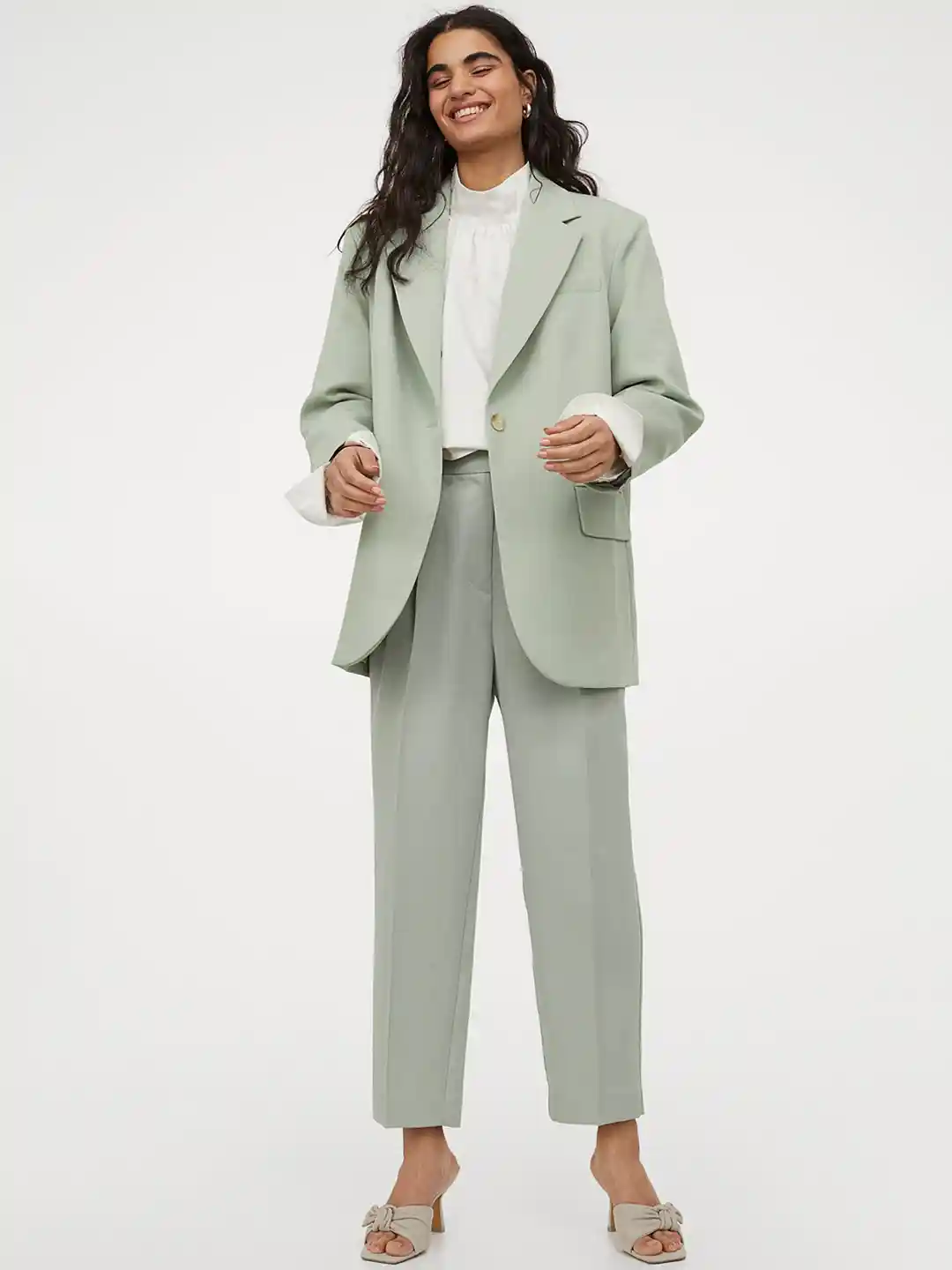Buy H&M Women Pastel Green Solid Oversized Blazer Blazers for
